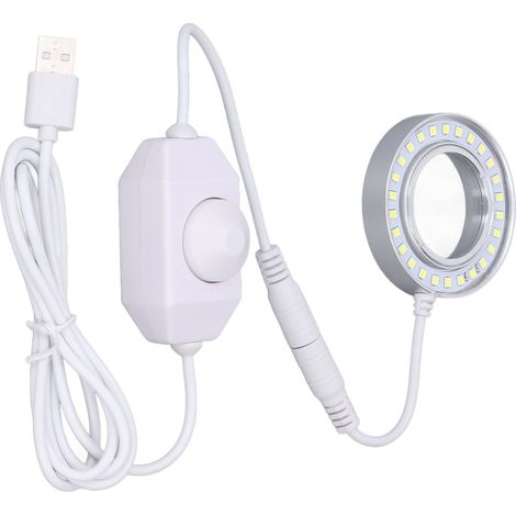 Lampe annulaire LED pour microscope avec boucle spirale et luminosité réglable, équipée d'un régulateur.