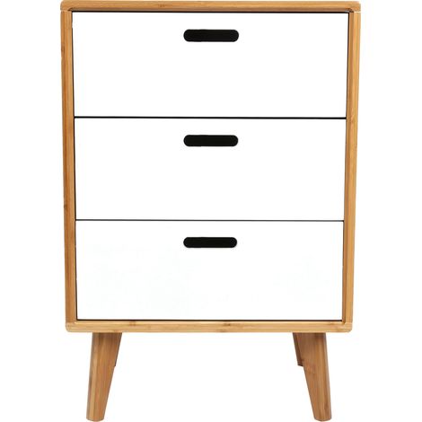 Table de chevet 3 tiroirs bambou MDF design nordique robuste 43x33x63cm meuble de rangement élégant et durable pour chambre (1/5)