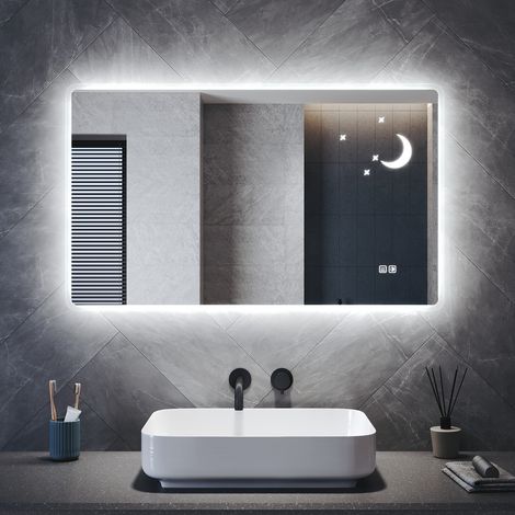 SONNI Wandspiegel Badspiegel mit Beleuchtung Steckdose, Quadrat LED Badspiegel mit Sternen- und Mondmuster 3 Einstellbare Lichtfarben Steckdose, 800 x 600 mm