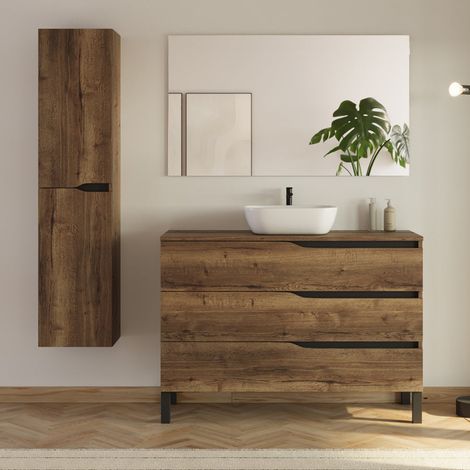 Meuble de salle de bain 120cm avec plateau et vasque arrondie Zeus - 3 tiroirs et colonne de rangement - tabaco (chêne foncé) - MATA