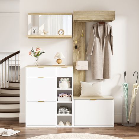 Ensemble de meubles d'entrée 4-en-1 130x30x174 cm avec banc, miroir, meuble à chaussures et panneau, bois naturel blanc