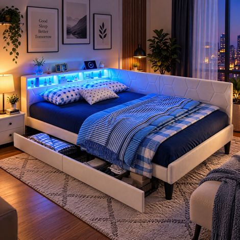 JOOKGBD-Polsterbett Schlafsofa 140x200cm mit LED-Beleuchtung und Stauraum,Jugendbett mit USB-Ladefunktion & schubladen,Kinderbett mit Lattenrost,Samt,für Wohnzimmer,Schlafzimmer,ohne Matratze,Beige