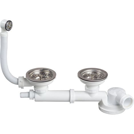 Wirquin 30718722 - Scarico per lavello con 2 vasche spaziale D90 con piletta per cestello, bianco (1/5)