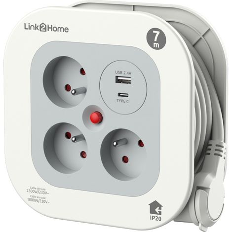 LINK2HOME Enrouleur ménager compact USB 7 m - 3 prises et 2 ports USB (1/2)