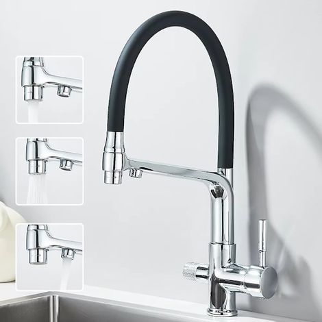 Robinet de cuisine avec eau filtrée - Double bec, fonction de purification, robinet pivotant à 360° - Chrome argent + noir (1/2)