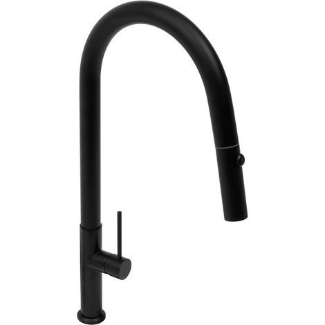 Mitigeur de cuisine monocommande noir mat avec douchette extractible et bras pivotant, 2 types de jets, cartouche céramique, corps en laiton, design moderne. (1/5)