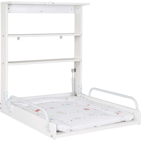 Table a langer murale rabattable - ROBA - Matelas imperméable inclus - 2 Étageres intégrées - Bois Laqué Blanc (1/3)