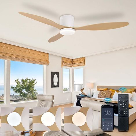 Lustre avec Ventilateur 106CM et Télécommande APP, LED Dimmable Plafonnier avec Ventilateur Réversible 3 Pales pour Salon, Ventilateur Plafond avec Lumiere 6 Vitesses avec Timer, Blanc+Grain de bois (1/5)