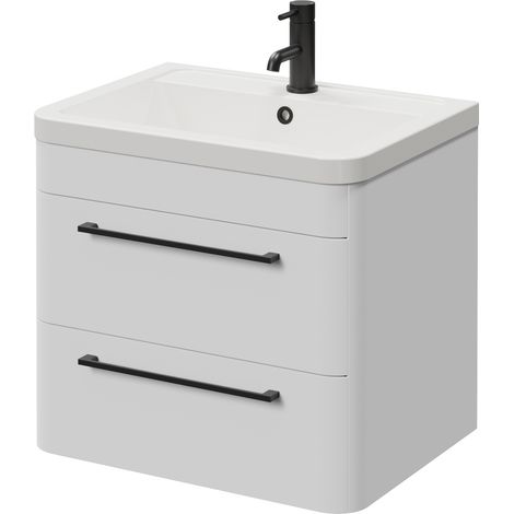 Oslo Gloss White 600mm Wall Mounted 2 Drawer Vanity Unit with Anya Basin - 600mm - Matt Black 320mm Handle