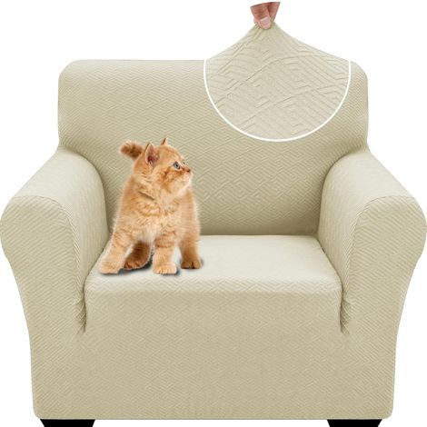 Housse De Canapé 1 Place, Extensible Housse De Fauteuil, Universelle Housse Canapé avec Accoudoirs, Protection Chat Chiens Housse Canape, Housses De Canapé Antidérapante, Beige Clair (1/5)