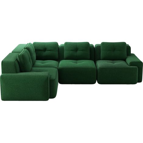 Sofá modular esquinero de terciopelo de canalé verde, sin montaje, bajo y cómodo, MODENUIT (1/5)