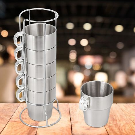 Ensemble de tasses à café empilables en acier inoxydable double couche anti-brûlure avec support pour tasses (1/5)
