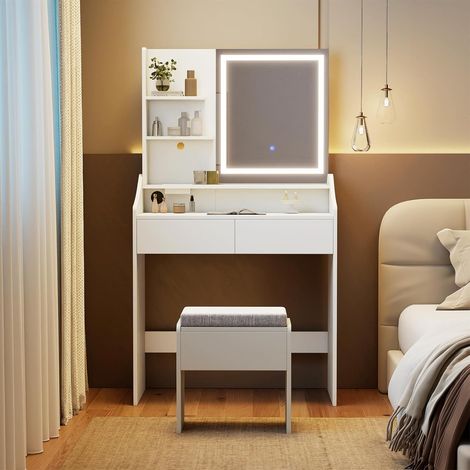 COSTWAY Coiffeuse avec Miroir et Tabouret, Coiffeuse avec Rangement, Station de Recharge, Lumière et Luminosité Réglable, 2 Tiroirs, 3 Étagères Ouvertes, Table de Maquillage pour Chambre Salon