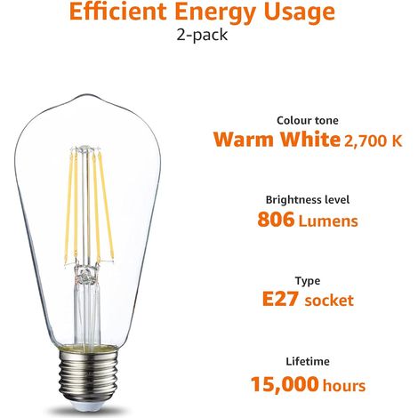 Set of 2 vintage LED lamps, Edison base, E27, ST64, 6 W, transparent filament, not dimmable [energy class E]