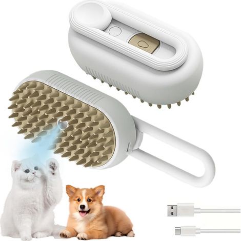 Brosse vapeur blanche pour animaux de compagnie avec poignée pliable, brosse vapeur rechargeable pour l'épilation et le massage. (1/5)