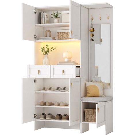 Vestiaire d'entrée avec banc à chaussures, meuble à chaussures, 3 crochets, 5 portes, 2 tiroirs, miroir et LED réglable, blanc pour hall moderne - CHICFURN (1/5)