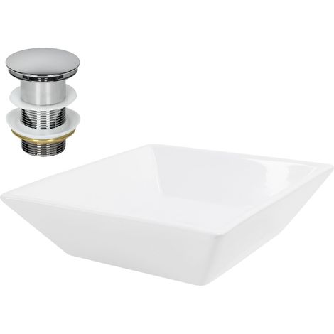 ML-Design Lavabo en Céramique, Blanc, 41x41x12 cm, Forme Anguleux, avec Garniture de Vidage, Vasque á Poser, Design Moderne, Lavabo à Main, Lavabo de Comptoir Élégant, pour Salle de Bain/WC d'Invités