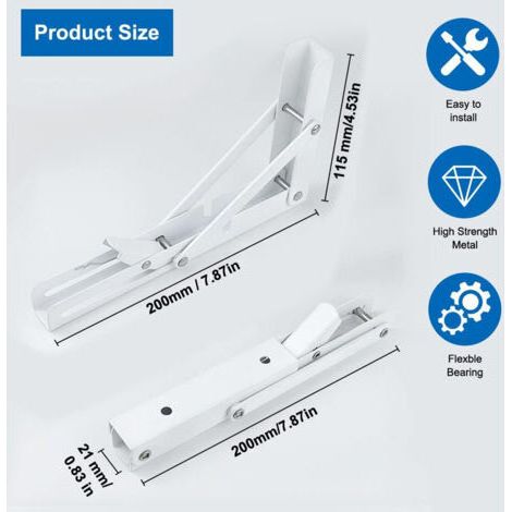 NALOOKAMIC  2 Pièces Equerre Pliante, 200mm Équerre Pliable, Acier Inoxydable Equerre Etagère Pliante, Blanc Equerre Tablette pour Établis pour Gagner de La Place Dans La Maison