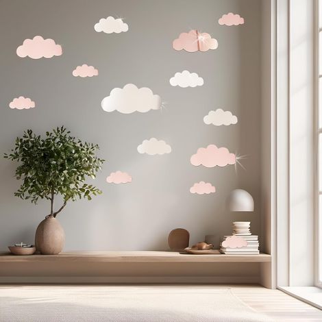 Lot de 14 stickers muraux pour chambre d'enfant - Motif nuages - Miroir - Décoration de salon - Motif nuages - Argenté