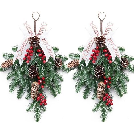 2 PCS Artificielle Swag Noël Teardrop Guirlande Porte Avant Swags avec Baies et Pommes de Pin, 19.6Inch Christmas Teardrop Floral Swag (1/5)