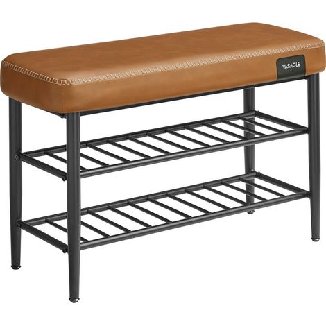 Vasagle – Banc d'entrée à chaussures – Rangement 3 niveaux – PU avec coutures – Charge 135 kg – Dimensions 30 x 80 x 50 cm – Marron caramel