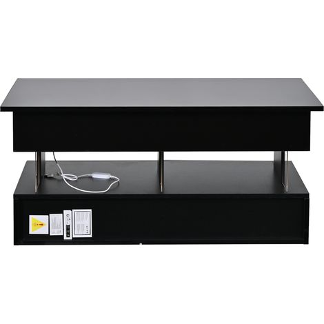 Table basse noire MDF avec plateau réglable en hauteur, LED Bluetooth, 2 tiroirs et espace de rangement caché 100x50x46 cm