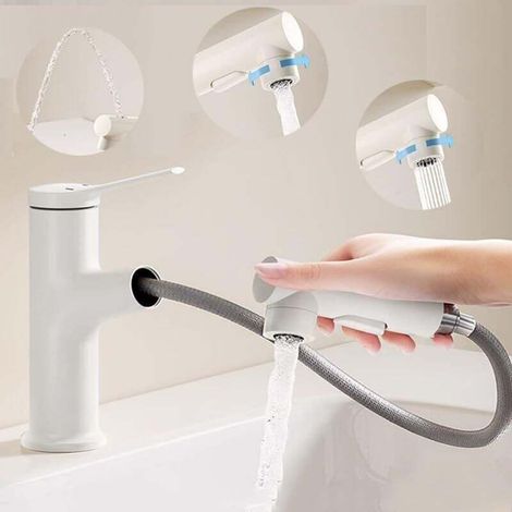 Crezuo Waschtischarmatur, 3 Wassermodi, ausziehbarer Warm- und Kaltwasserhahn, Springbrunnenfunktion, mit Wasserzulaufschlauch