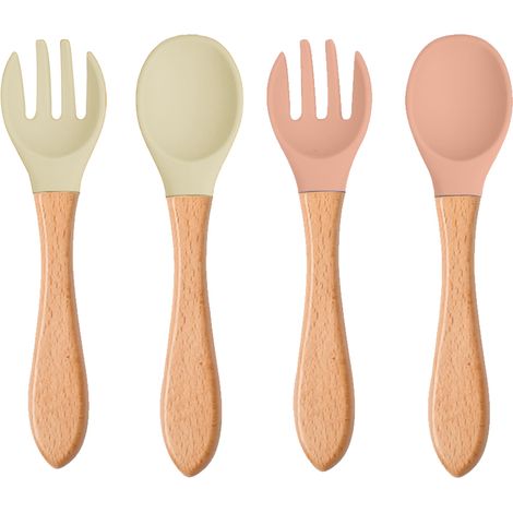 Cuillère Enfant - Fourchette Enfant - Manche Bois - Tête Silicone Souple - Pour Débutants - Lot De 4 Pièces (1/5)