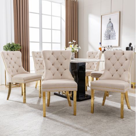 Sedia da pranzo imbottita in velluto beige con dettagli effetto battente e gambe in acciaio inox dorato 50,5 x 45 x 95 cm (1/5)