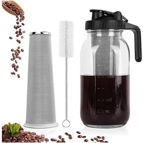 Cafetière JeiibrZui Cold Brew Series en verre - 2 litres - Couvercle étanche avec filtre et goupillon - Noire - Idéale pour café glacé, thé, eau fruitée, à la maison ou au bureau (1/5)