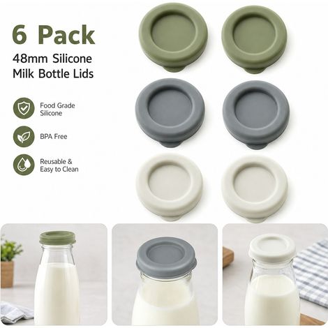 Lot de 6 couvercles de remplacement en silicone pour bouteilles de lait, dimensions 48 mm, jeu réutilisable de 3 couleurs pour le stockage de boissons dans des bouteilles de verre standard pour lait (1/5)