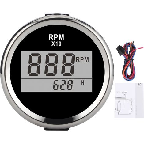 Compteur de régime 0-9990 tr/min IP67 étanche rétroéclairage rouge affichage LCD 52mm/2 pouces 9-32V cadran noir couvercle argenté (1/5)