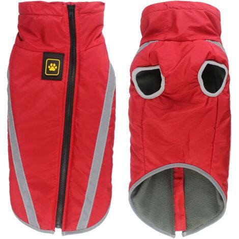 Manteau imperméable pour chien – Veste d'hiver chaude en polyester – Doublure polaire – Bandes réfléchissantes – Ouverture pour harnais – Rouge (1/5)