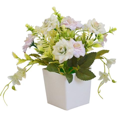 Pot de fleurs artificiel pour la décoration intérieure, mariage, bureau, table, fenêtre, salon, chambre – Rose et vert (1/5)