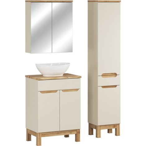 Insieme ERMANO cachemire 95cm: mobile sottolavello + piano per lavabo bisellato + lavabo da appoggio + mobili con specchi