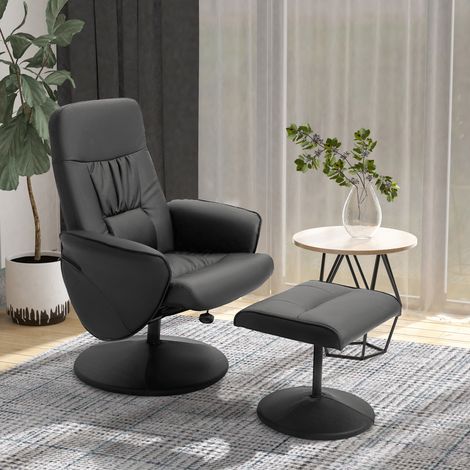 Poltrona relax con poggiapiedi, girevole a 360° e schienale reclinabile, adatta per TV, supporta fino a 120 kg, rivestimento sintetico, struttura in metallo nero.