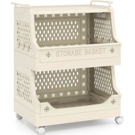 Moderno cesto portabiancheria impilabile su ruote 44,5 x 29,5 x 52,5 cm con ganci in PP beige 200017484