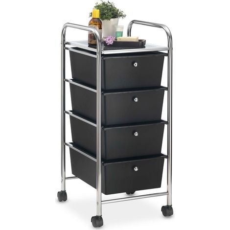Caisson sur roulettes GINA chariot avec 4 tiroirs en plastique noir et 1 étagère, rangement salle de bain en métal chromé (1/4)