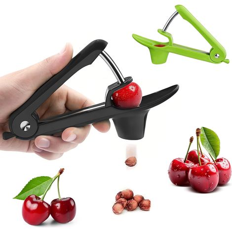 Dénoyauteur 2 pièces acier inoxydable, vert et noir, pour cerises, prunes et pommes sauvages. (1/5)
