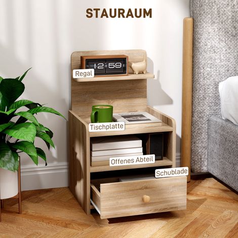 Table de nuit avec tiroir de rangement, en panneaux de particules, stable, design contemporain, couleur bois naturel (1/4)