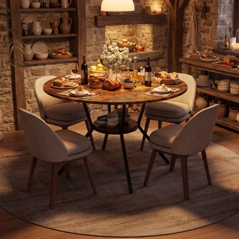 Tavolo da pranzo rotondo 120 cm per 4-6 persone con ripiano portaoggetti - stile industriale in legno mdf e metallo - marrone rustico (1/5)