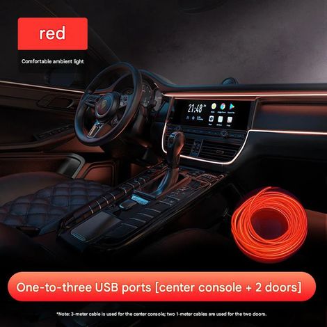 Kit Éclairage d’Ambiance LED USB pour Voiture – Bande Lumineuse Intérieur Auto Console Centrale et Portières Sans Câblage 1 Vers 3, Rouge