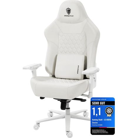 Gaming-Stuhl – Maximale Belastung: 200 kg – Ergonomisch – mit 4D-Armlehnen und Lendenwirbelstütze – Höhenverstellbar – Für Gamer und E-Sportler – Weiß