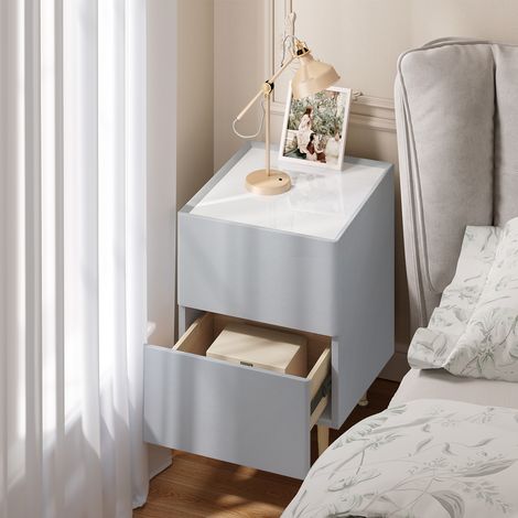 WOLTU 1x Nachttisch Beistelltisch mit 2 Schubladen Nachtschrank Hochglanz Telefontisch Nachtschrank Nachtkommode für Schlafzimmer, Holz PVC+Metall, 40x35x51 cm, Grau+Golden