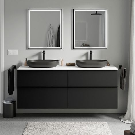 BERNSTEIN - Mueble lavabo suspendido MDF negro mate, encimera de lavabo blanco mate, tirador cromado 160x46x62cm - LAVOA Negro mate, cromo, blanco mate
