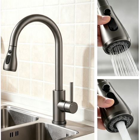 Duschparadies Küchenarmatur Ausziehbar 360°Schwenkbar 2 Strahlarten 304 Edelstahl Einhebel Hochbogen für Spüle Gunmetal Grau (1/5)