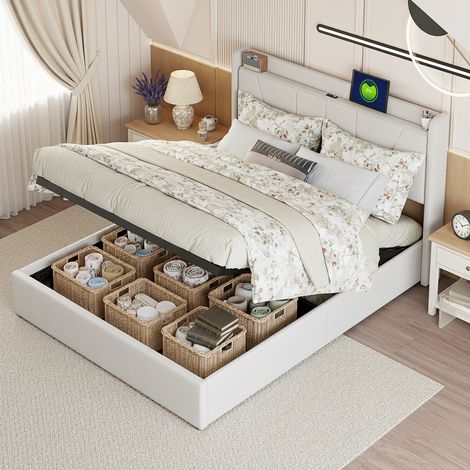 Bett mit Stauraum 140x200 cm, mit 2 USB-Anschlüssen und Type-C, gestreiftes Kopfteil, Lattenrost, modernes Design, Leinen, Beige