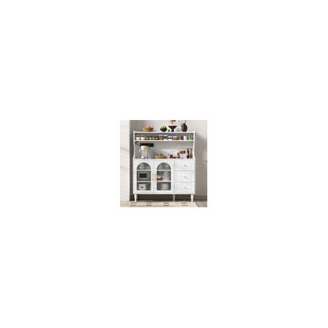 Armoire haute avec prises et tiroirs, meuble bar avec porte-verres à vin et espace de rangement, buffet de cuisine avec étagères réglables, idéal pour la cuisine et la salle à manger (blanc)