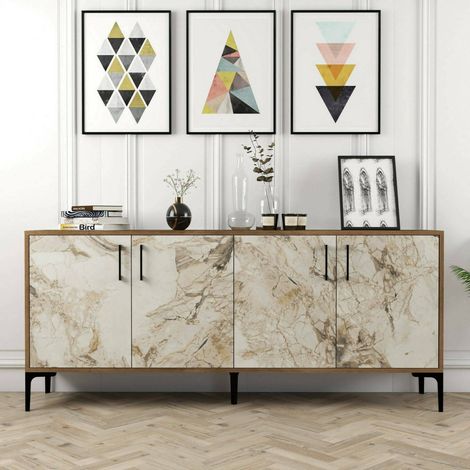 Dmora – Buffet Orionis 180x35x78 cm – Noyer et marbre blanc – Meuble de salon multifonctionnel – Design moderne et élégant - 180x35h78 (1/5)