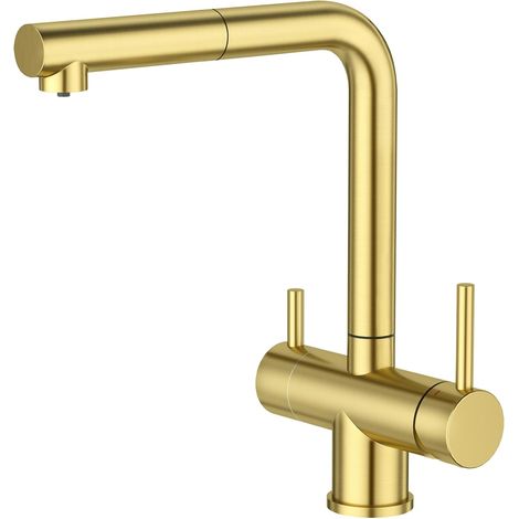 Robinet Cuisine 3 Voies avec Douchette Extractible, Mitigeur 3 Voies Cuisine Pivotant à 360°, Robinetterie Cuisine Eau Potable, Robinet Évier de Cuisine avec Sortie Eau Filtrée,Chrom